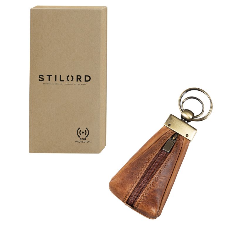 Porte-clés En Cuir Véritable LEAS - Vintage Marron - 2 Anneaux + Poche Zippée - Dimensions 7x12 Cm