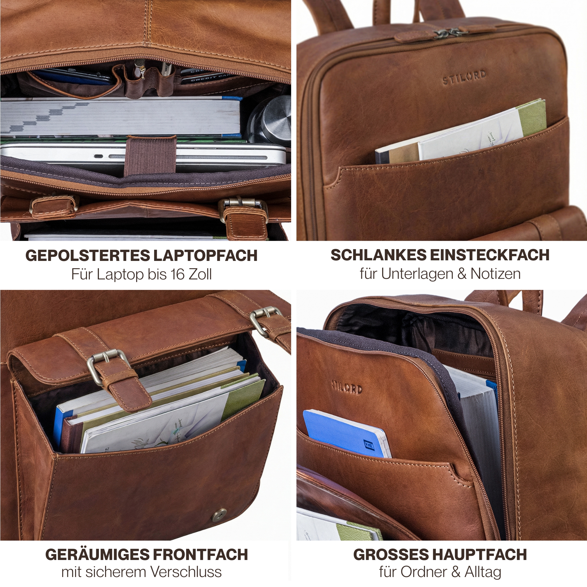 Sac à Dos En Cuir Véritable Pour Homme - Style Vintage, Ordinateur Jusqu'à 16", Naturel, 2 En 1